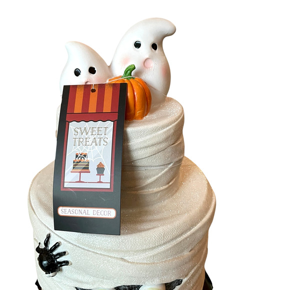 SWEET TREATS 2-Tier Mummy Halloween Faux Cake With Ghost & Pumpkin 19" NEW - Picture 7 of 16